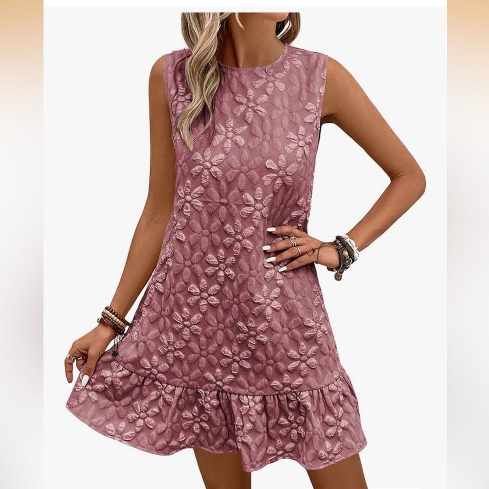 Sleeveless Rose-Mauve Textured Floral Shift Dress